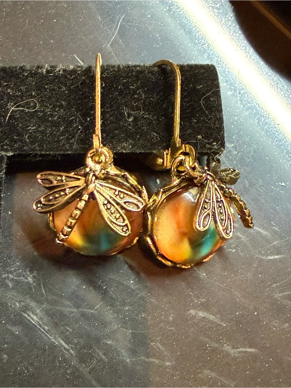 Gold Tone/Brass Dragonfly Multicolor Glass Drop Earrings